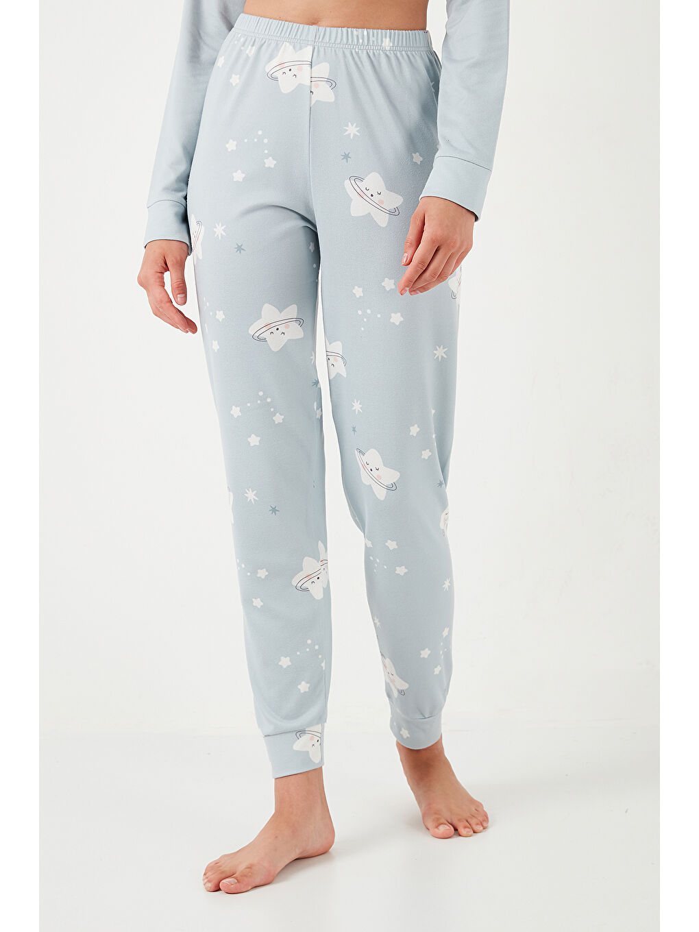 Gri Streç Standart Fit Bisiklet Yaka Desenli Pijama Takımı 6095700-5