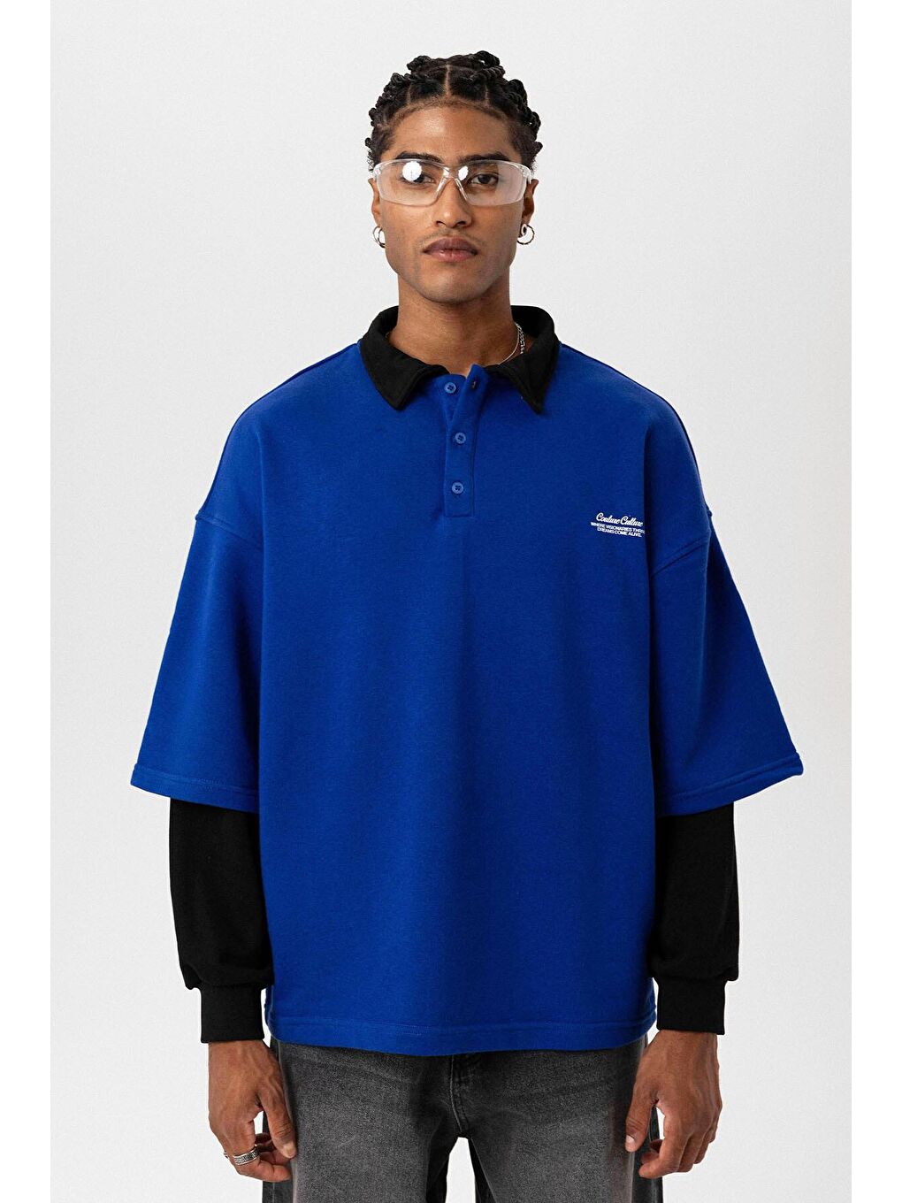 Mavi Polo Yaka Çift Kol Detaylı Oversize Sweatsıhrt Saks-5