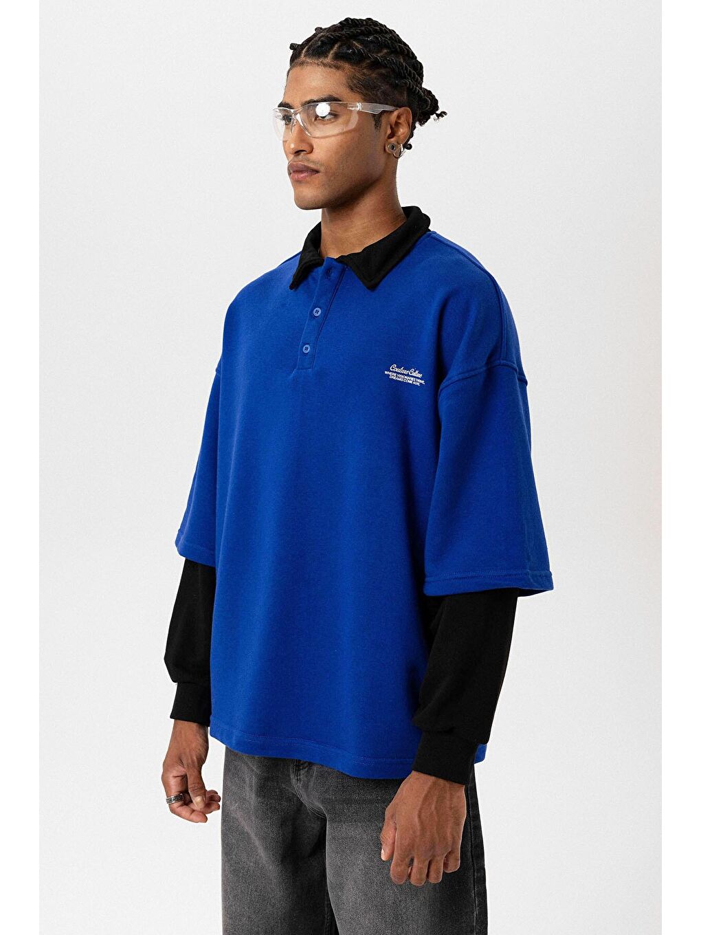 Mavi Polo Yaka Çift Kol Detaylı Oversize Sweatsıhrt Saks-7