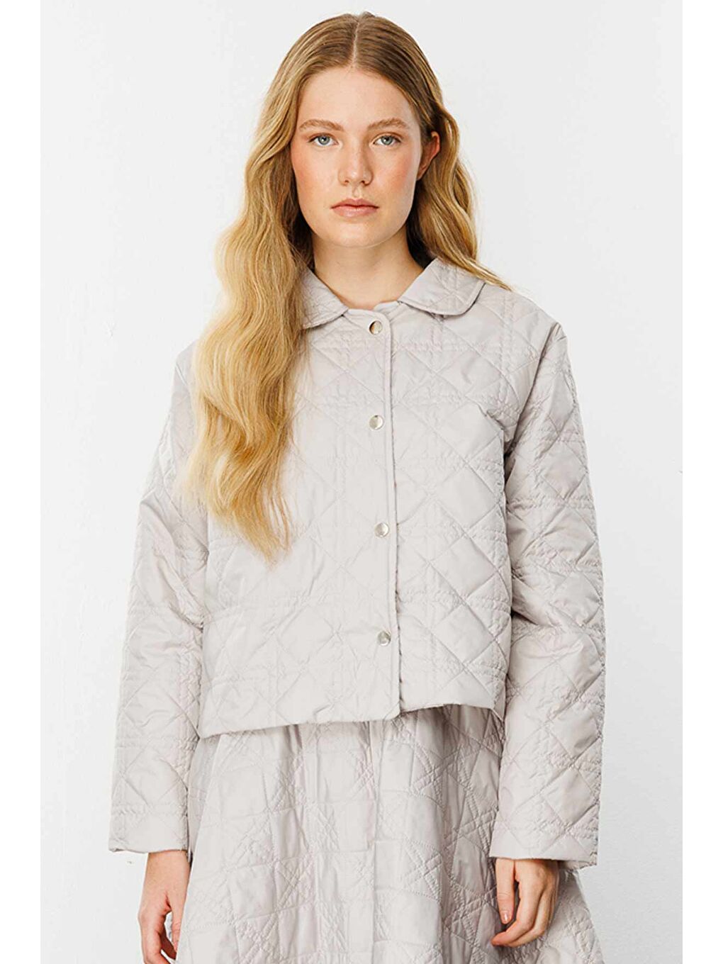 Kapitone Gri Crop Ceket-1