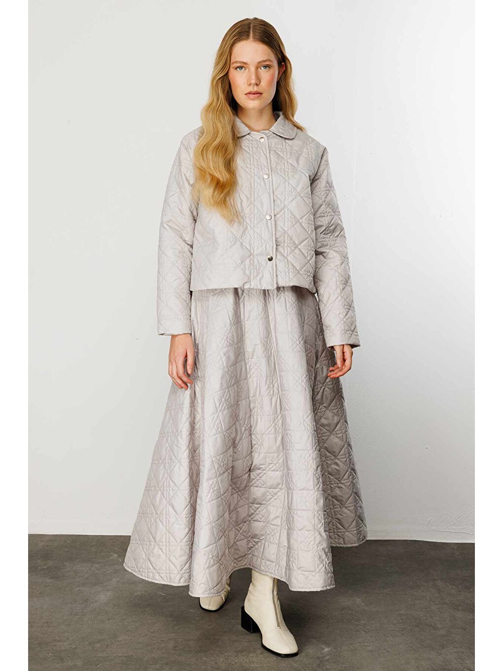 Kapitone Gri Crop Ceket-2