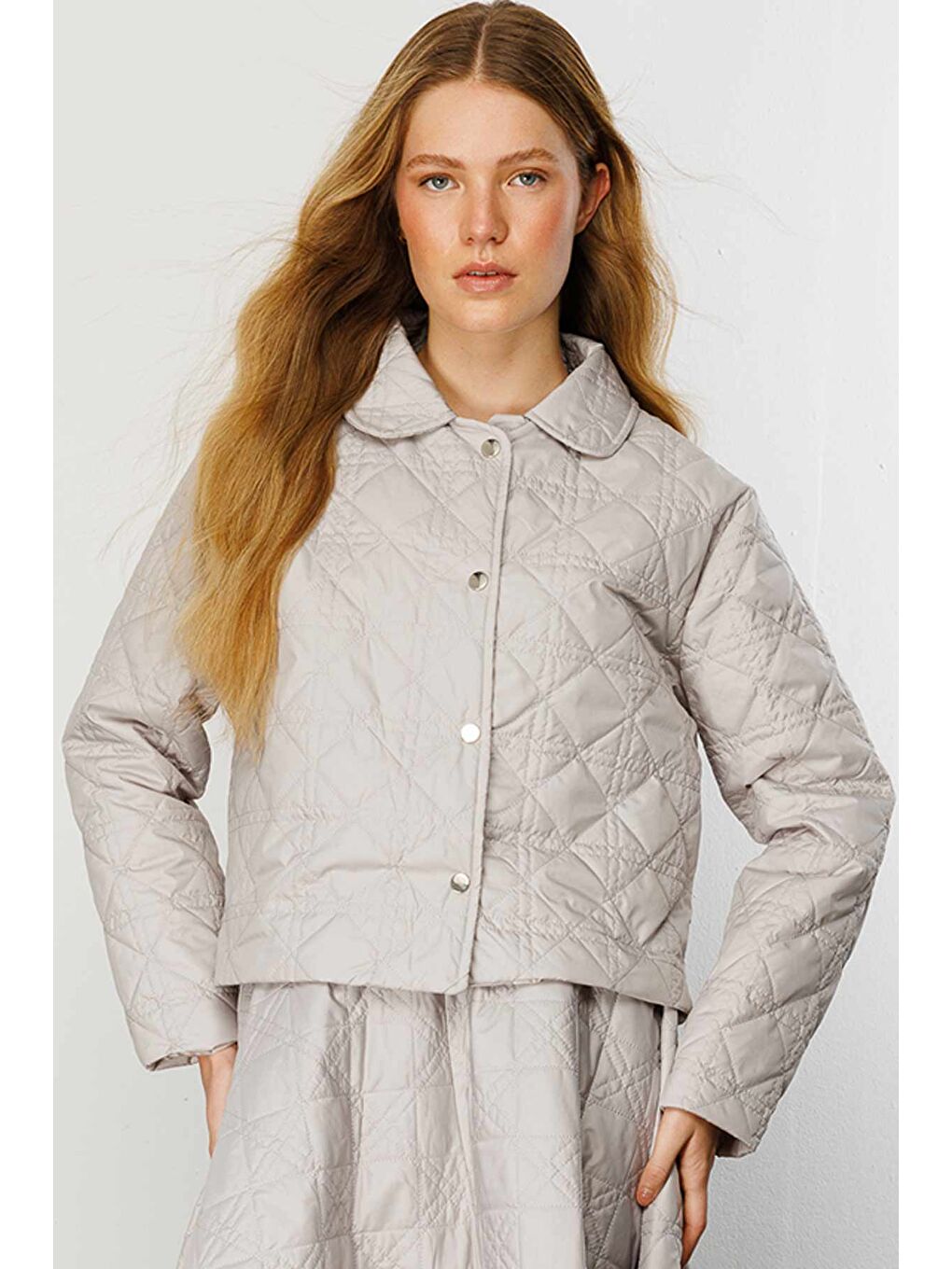 Kapitone Gri Crop Ceket-3