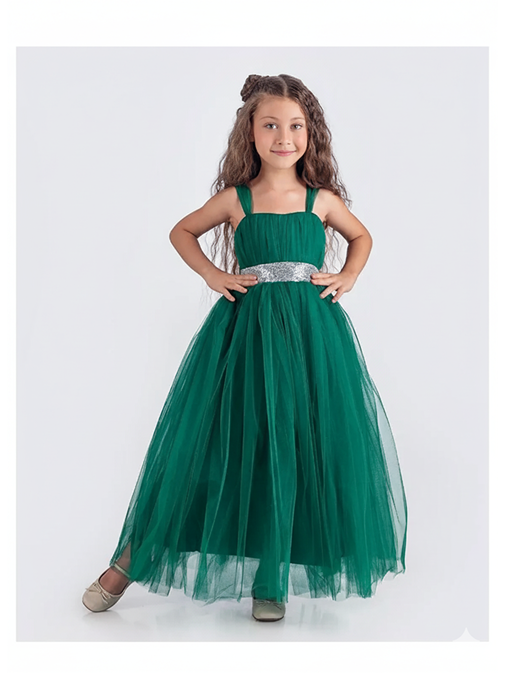 Yeşil Sırt Gipeli Tütü Etek Kız Çocuk Saten Parti Abiye Elbise-1