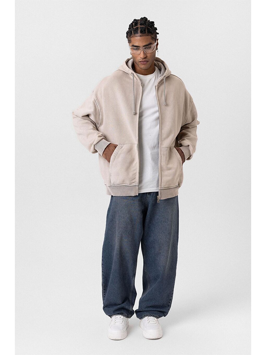 Bej Yıkamalı  Oversize Erkek Fermuarlı Sweatshirt Hırka Taş-2