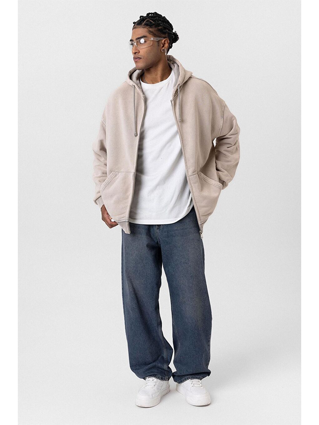Bej Yıkamalı  Oversize Erkek Fermuarlı Sweatshirt Hırka Taş-3