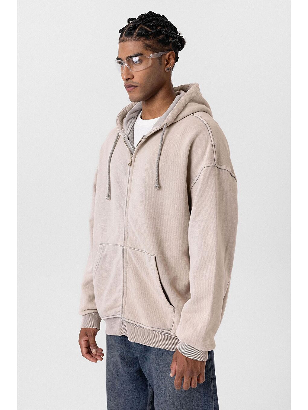 Bej Yıkamalı  Oversize Erkek Fermuarlı Sweatshirt Hırka Taş-4