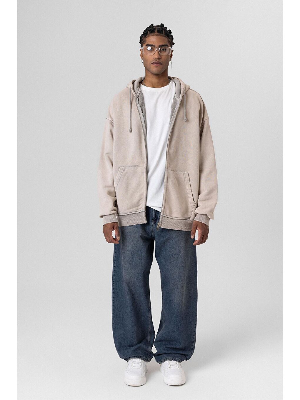 Bej Yıkamalı  Oversize Erkek Fermuarlı Sweatshirt Hırka Taş-5