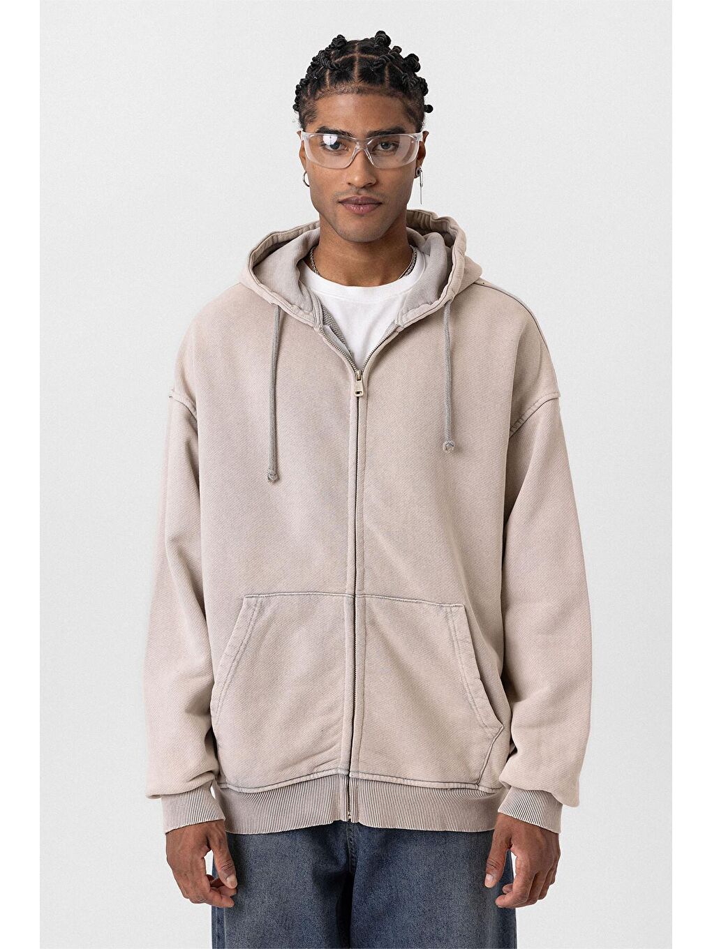 Bej Yıkamalı  Oversize Erkek Fermuarlı Sweatshirt Hırka Taş-6