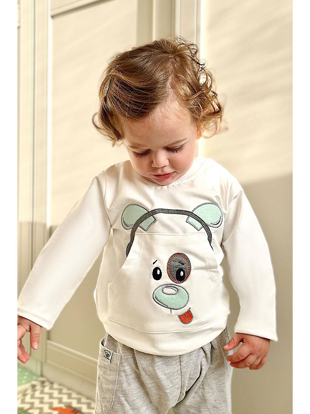 Erkek Bebek Eşofman Takımı Kulaklıklı Köpekçik Nakışlı Beyaz (9 Ay-2 Yaş)-1