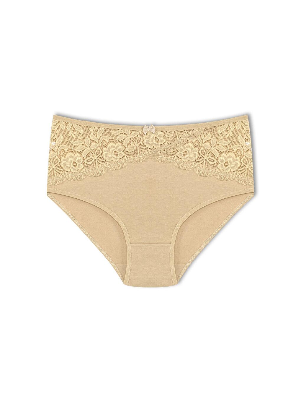 Bej Pamuklu Önü Ters V Dantel Yüksek Bel Büyük Beden Kadın Külot