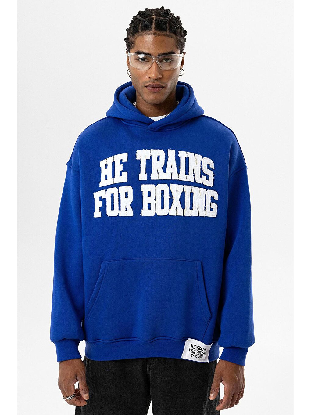 Mavi Yazı Baskılı Oversize Kapüşonlu Erkek Hoodie Saks