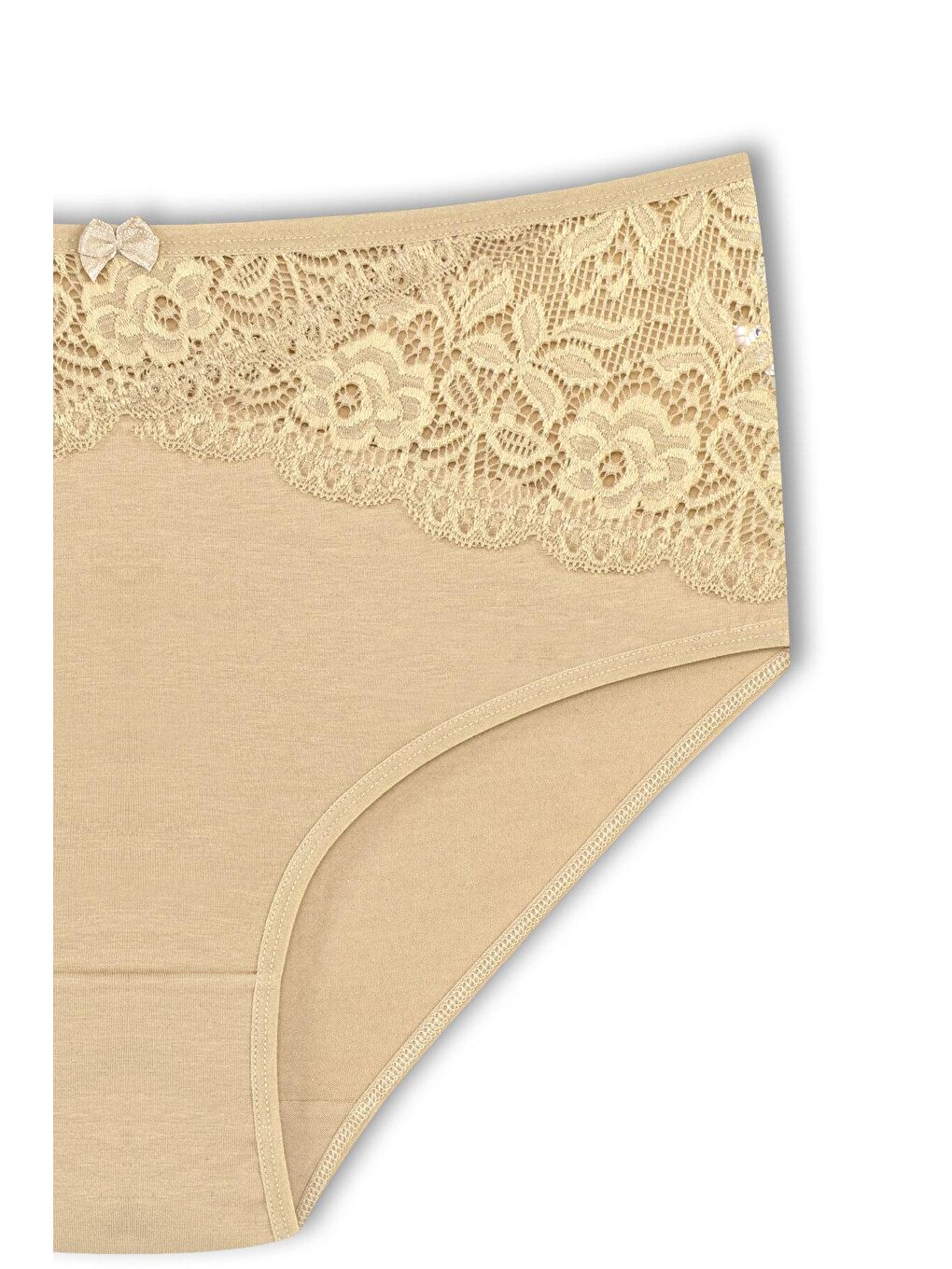 Bej Pamuklu Önü Ters V Dantel Yüksek Bel Büyük Beden Kadın Külot-1