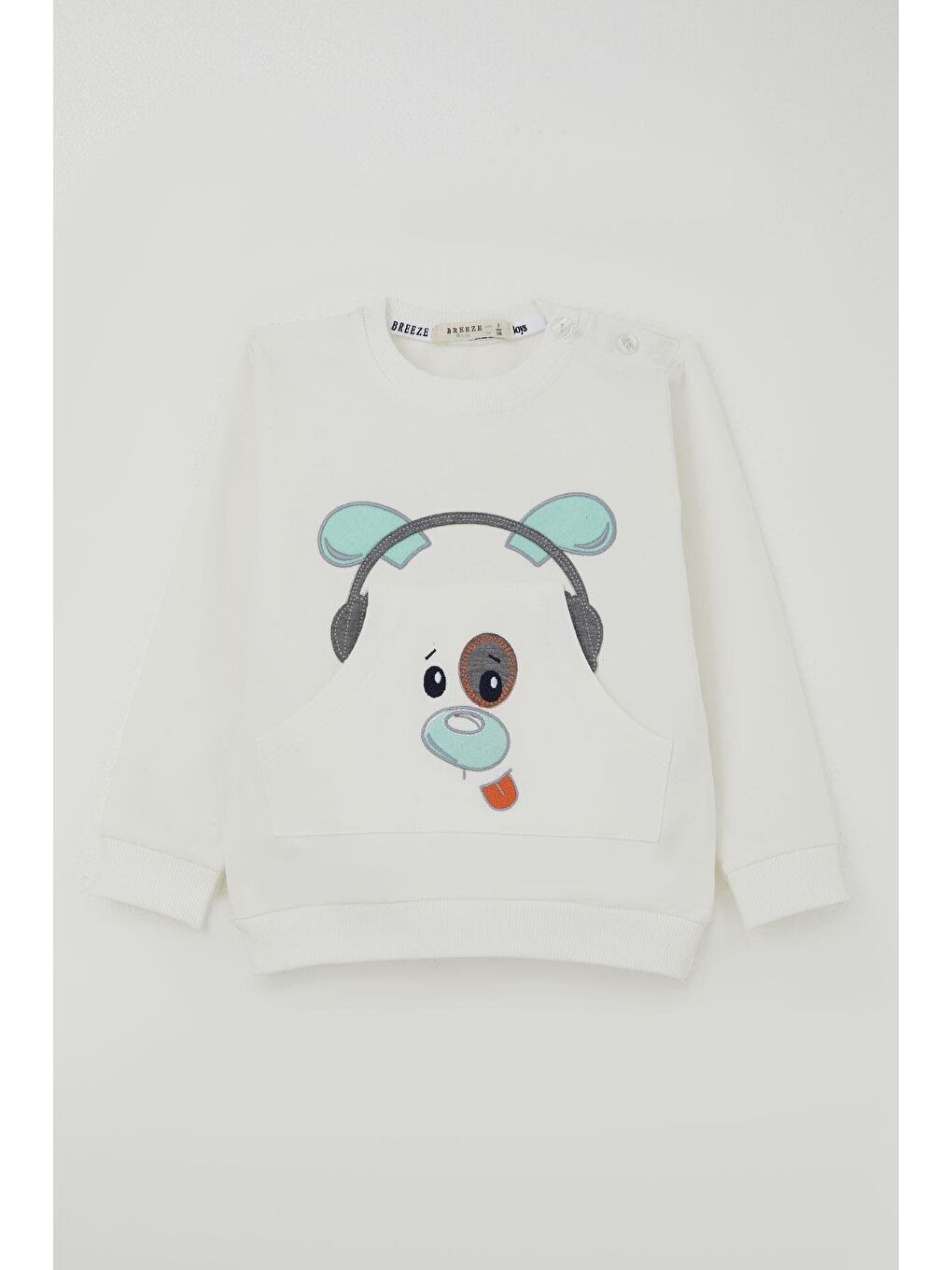 Erkek Bebek Eşofman Takımı Kulaklıklı Köpekçik Nakışlı Beyaz (9 Ay-2 Yaş)-4