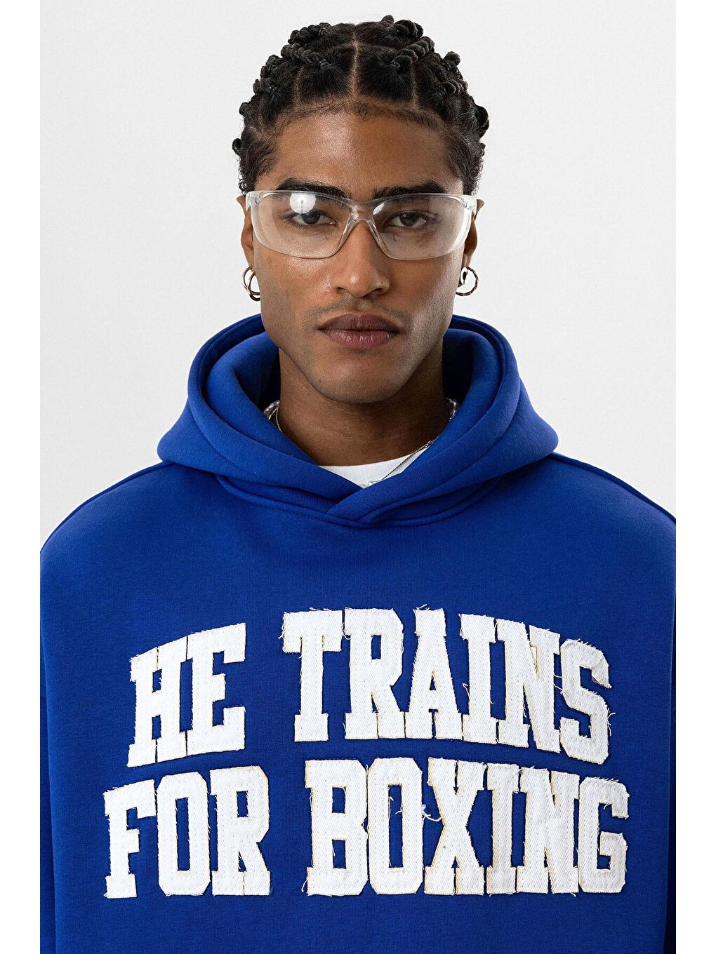 Mavi Yazı Baskılı Oversize Kapüşonlu Erkek Hoodie Saks-3