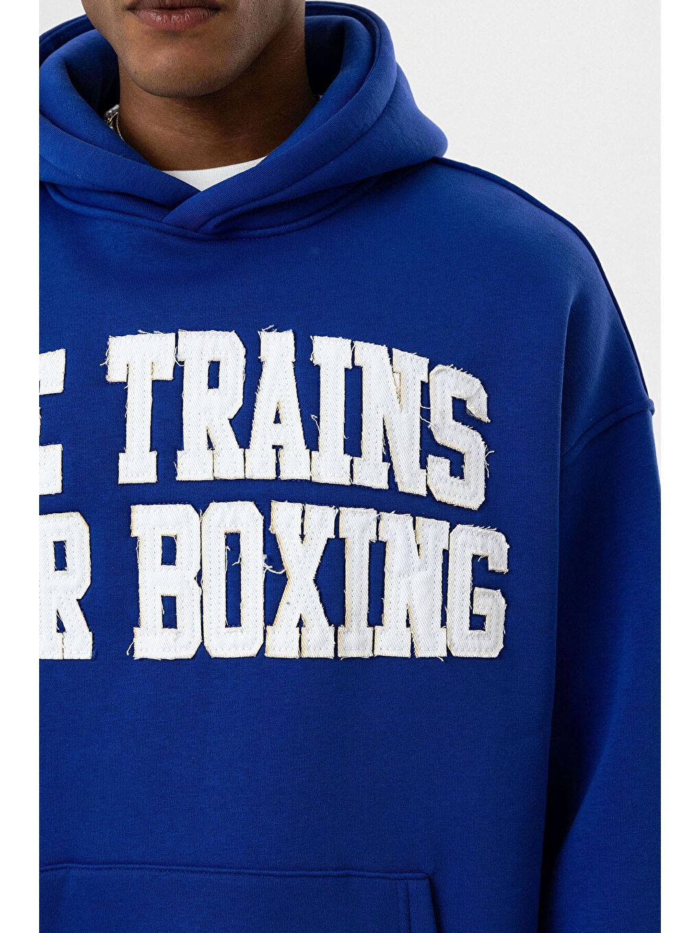 Mavi Yazı Baskılı Oversize Kapüşonlu Erkek Hoodie Saks-4