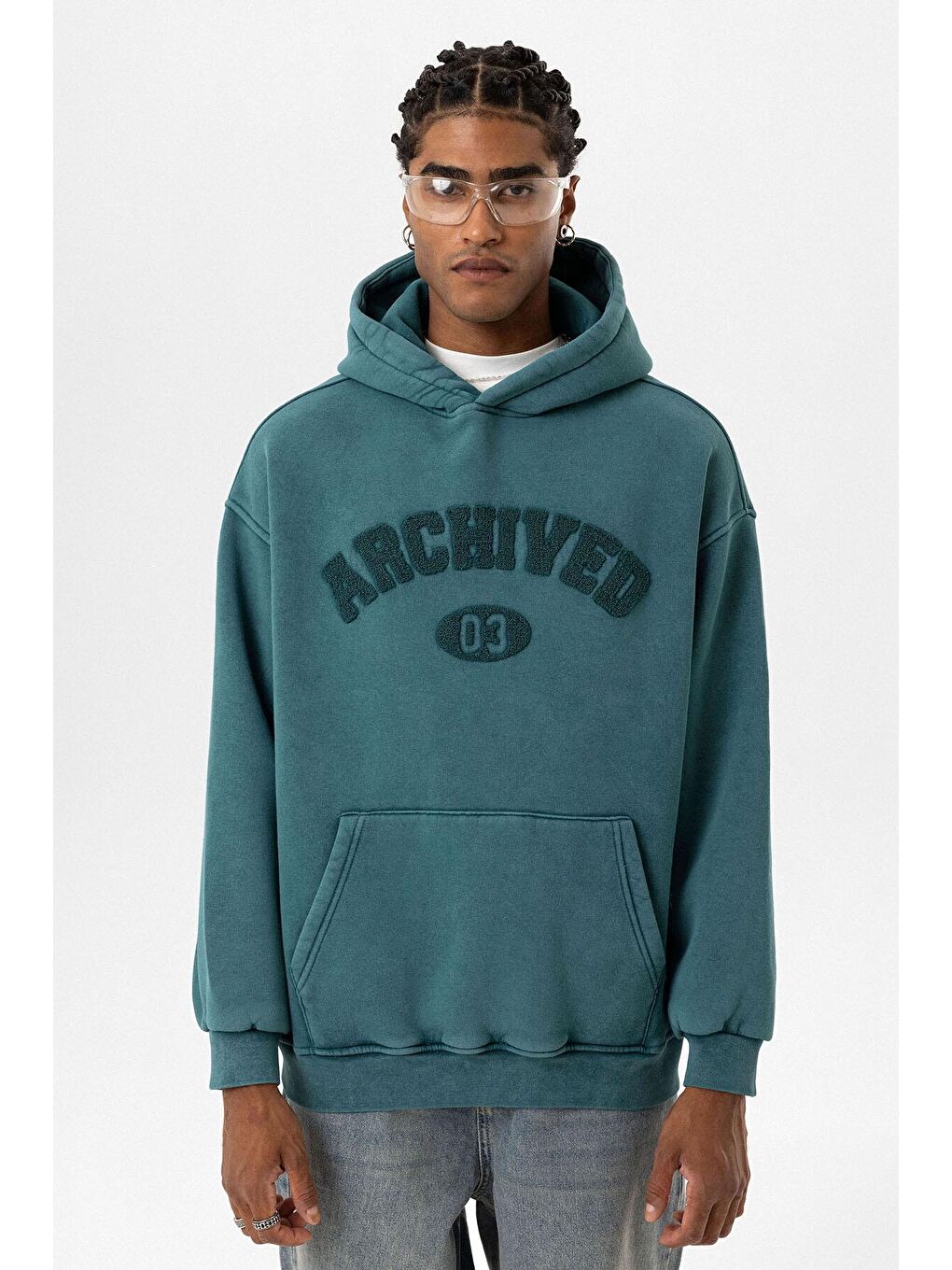 Petrol Yıkamalı Oversize Baskılı  Kapüşonlu Sweatshirt Hoodie-2