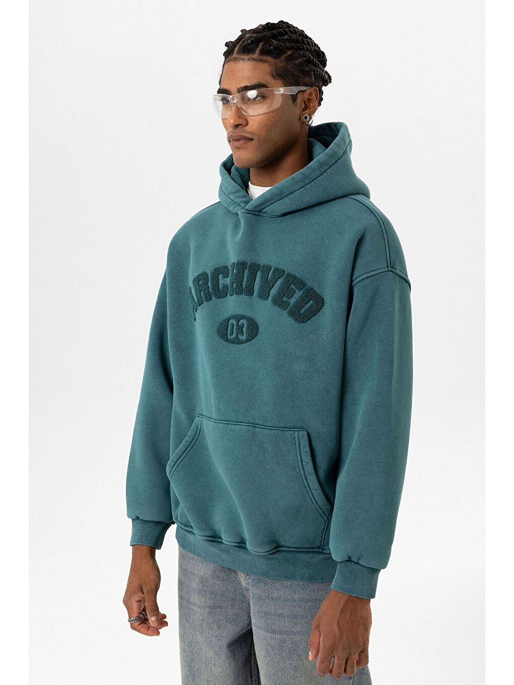 Petrol Yıkamalı Oversize Baskılı  Kapüşonlu Sweatshirt Hoodie-3