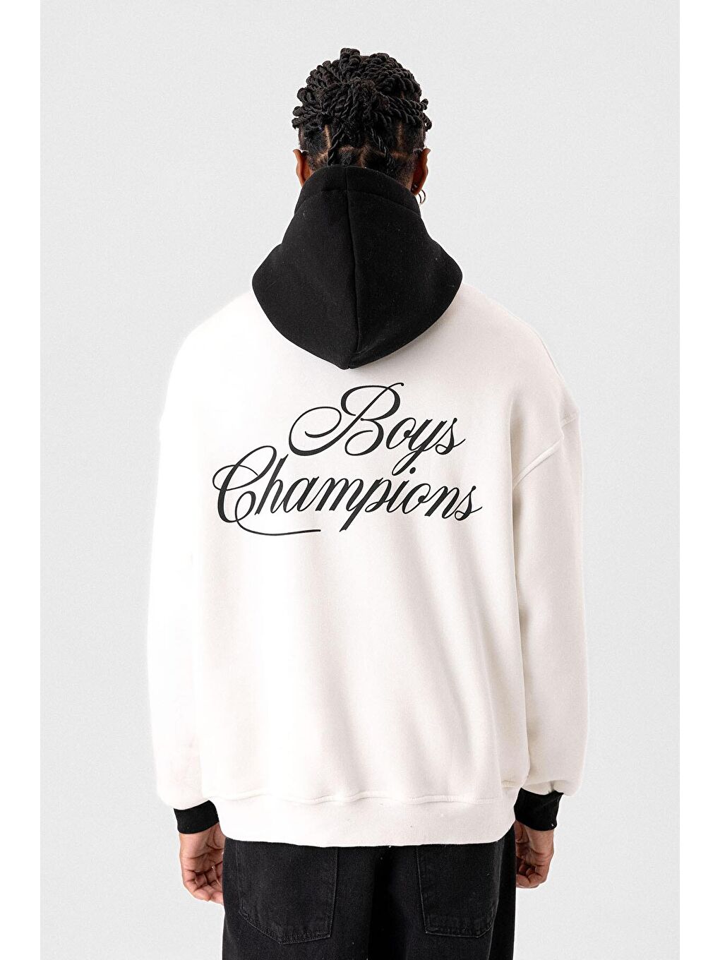 Yazı Detaylı Oversize Kapüşonlu Erkek Hoodie Ekru-2