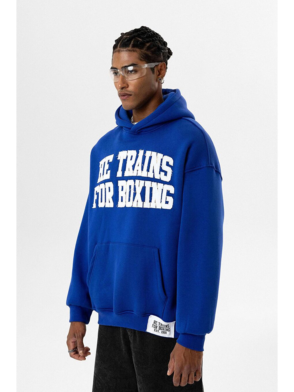 Mavi Yazı Baskılı Oversize Kapüşonlu Erkek Hoodie Saks-7