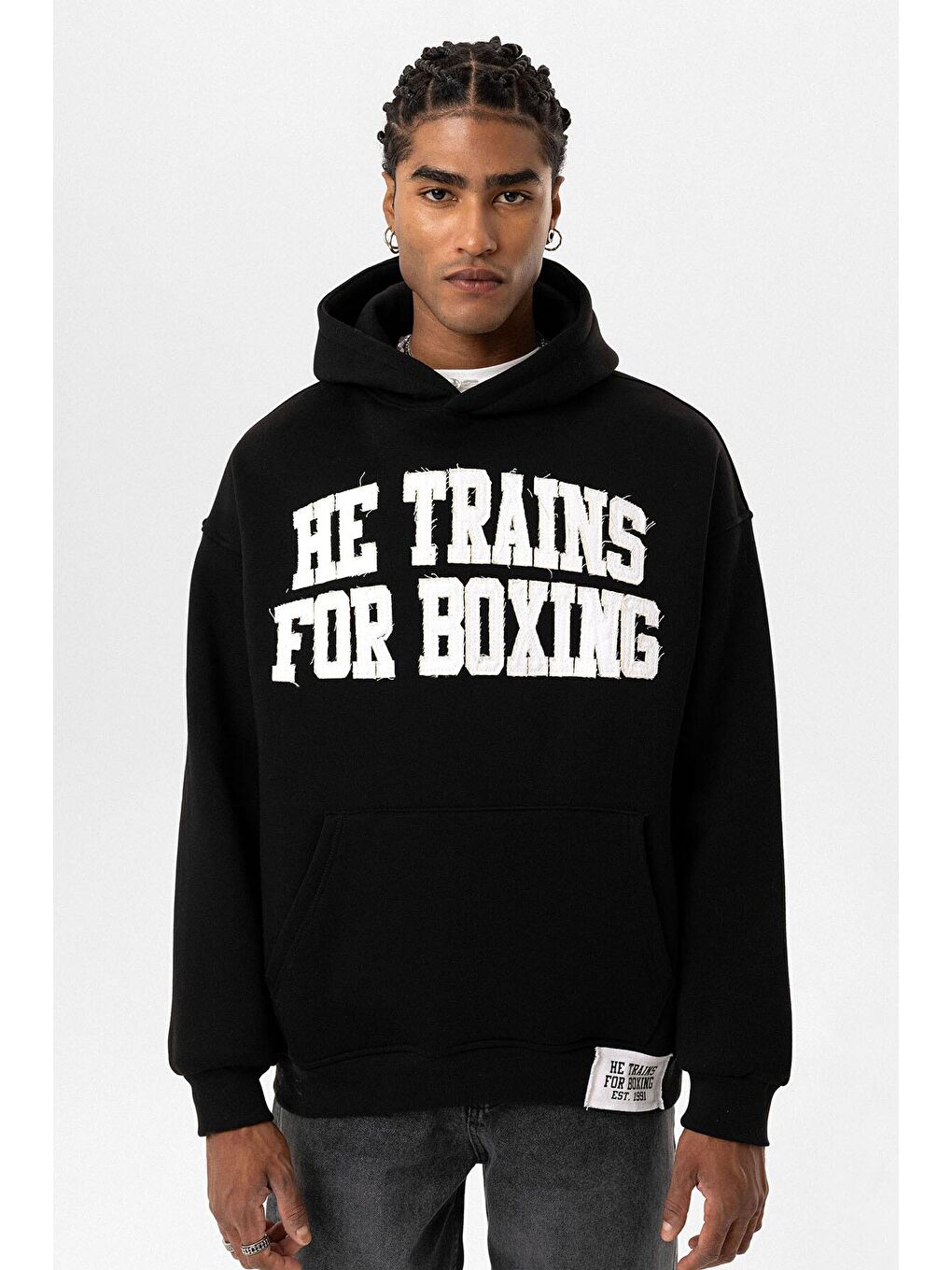 Yazı Baskılı Oversize Kapüşonlu Erkek Hoodie Siyah-2