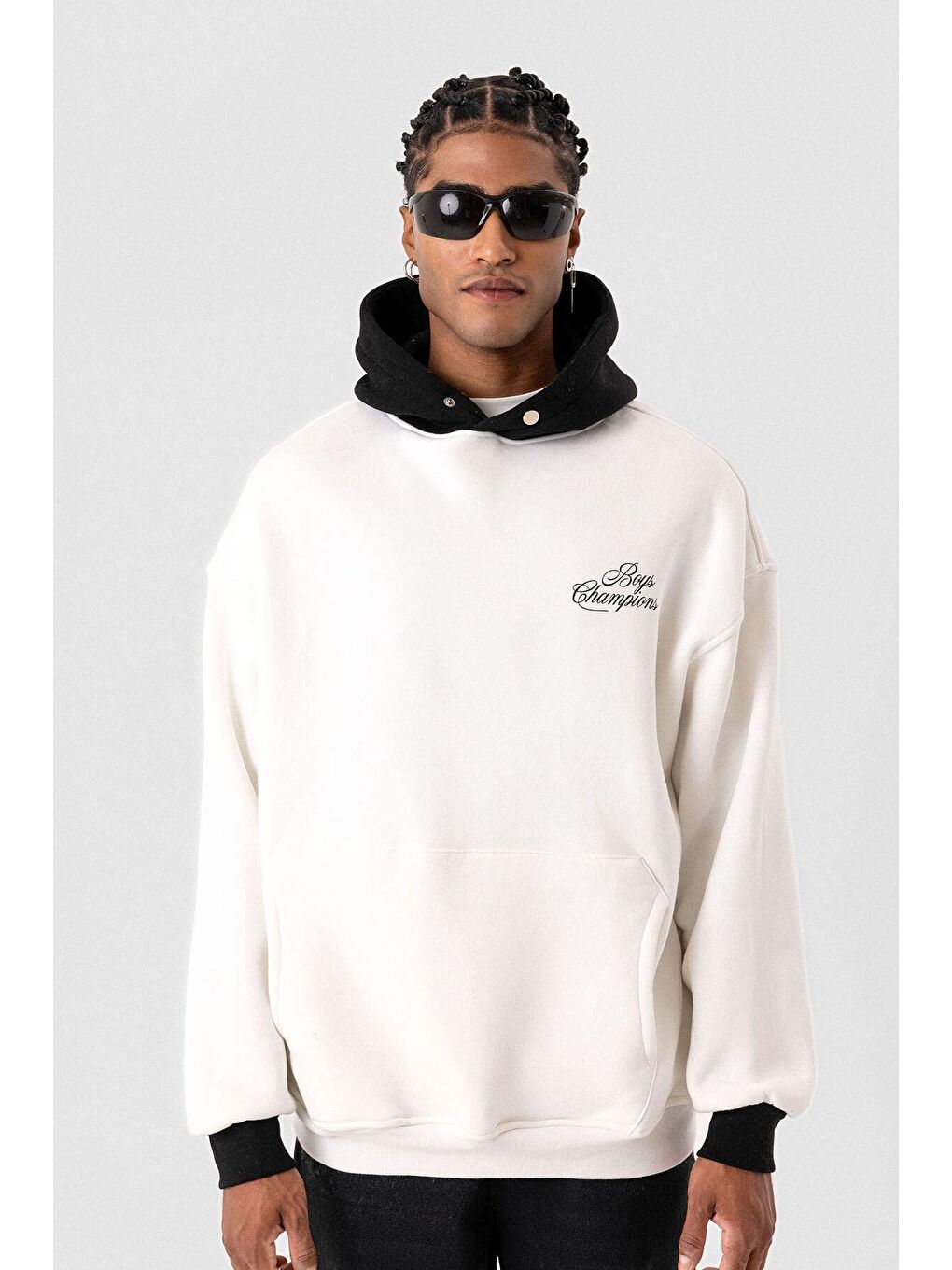 Yazı Detaylı Oversize Kapüşonlu Erkek Hoodie Ekru-3