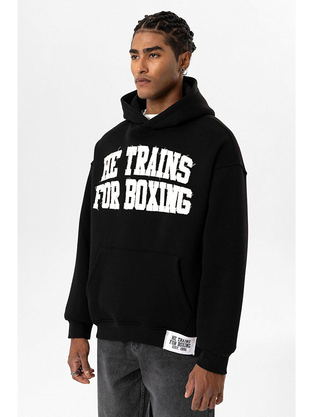 Yazı Baskılı Oversize Kapüşonlu Erkek Hoodie Siyah-3