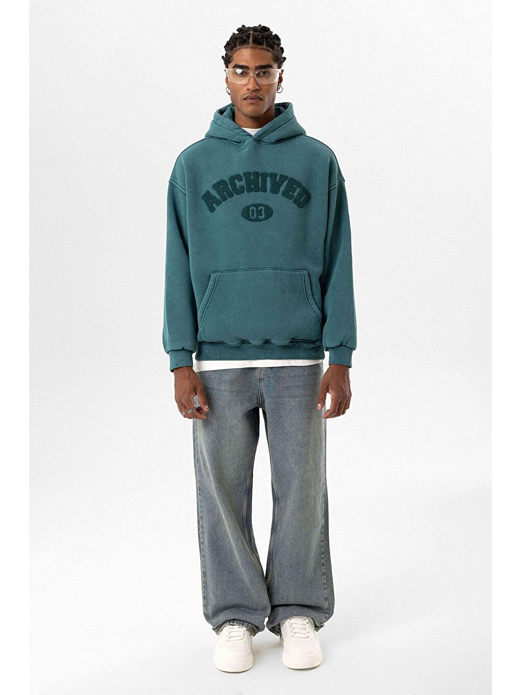 Petrol Yıkamalı Oversize Baskılı  Kapüşonlu Sweatshirt Hoodie-5