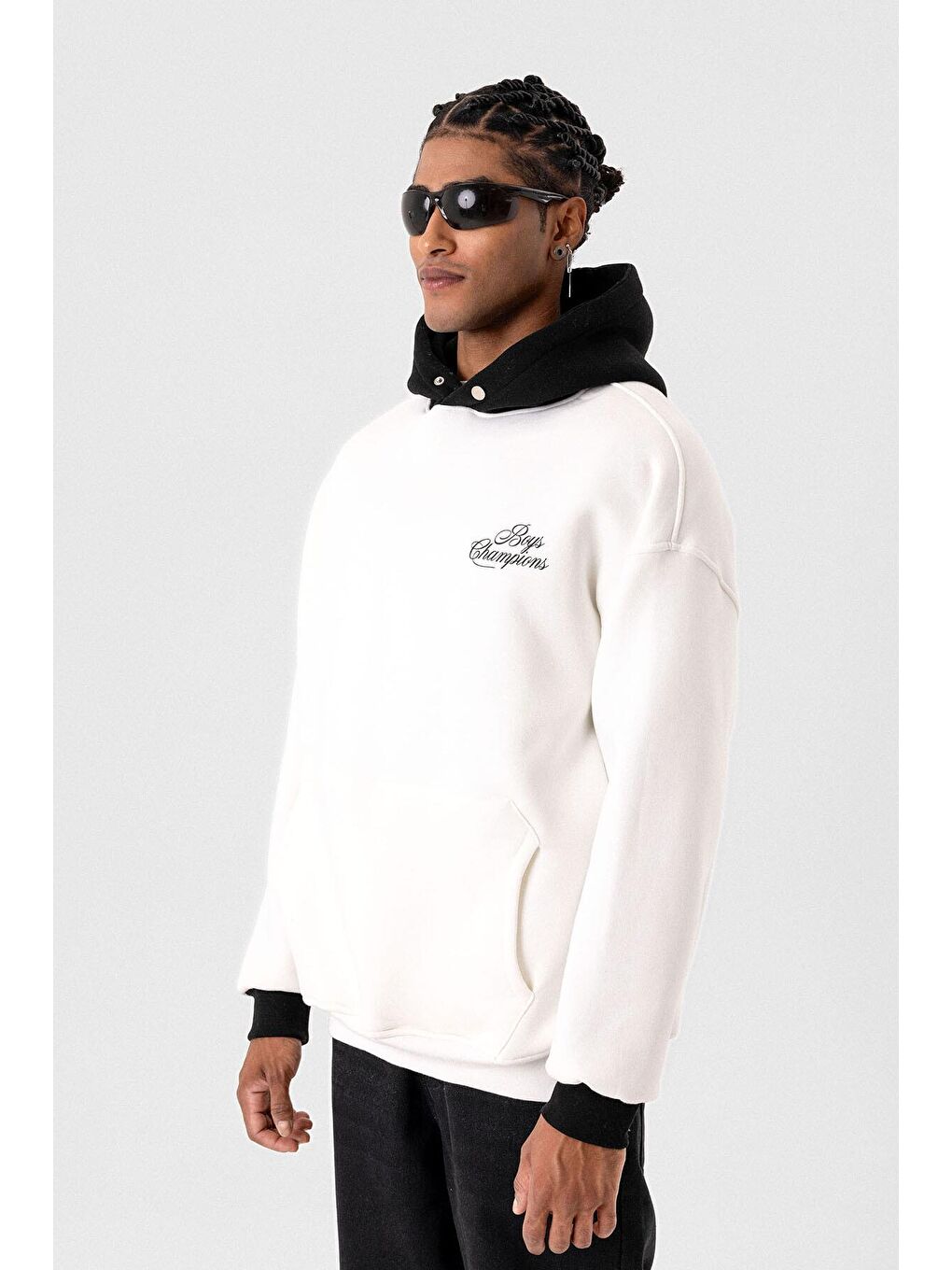 Yazı Detaylı Oversize Kapüşonlu Erkek Hoodie Ekru-4
