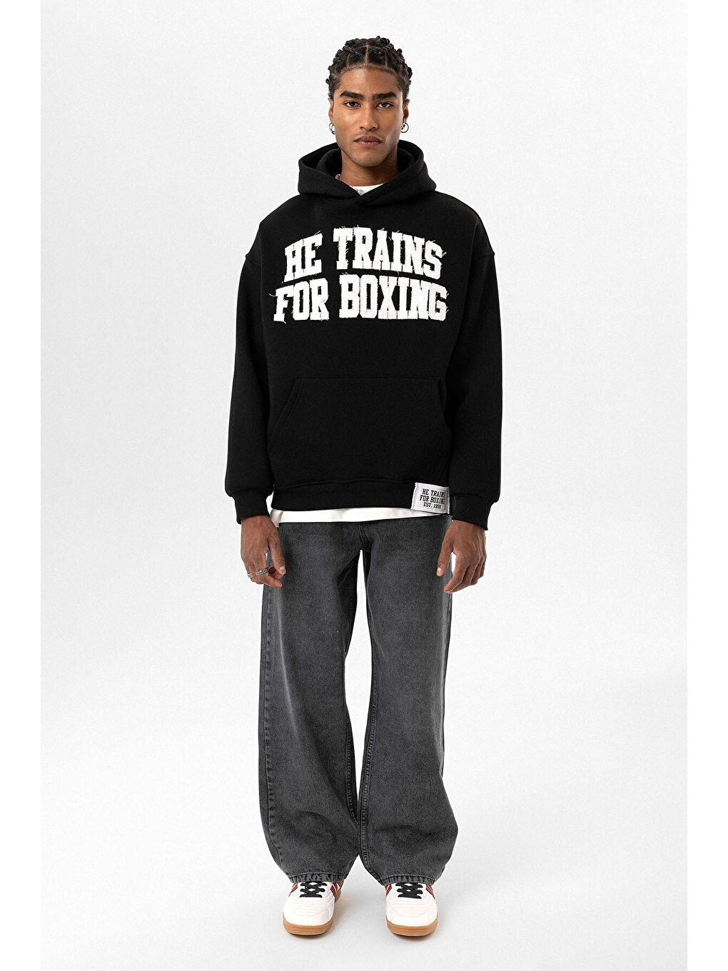 Yazı Baskılı Oversize Kapüşonlu Erkek Hoodie Siyah-5