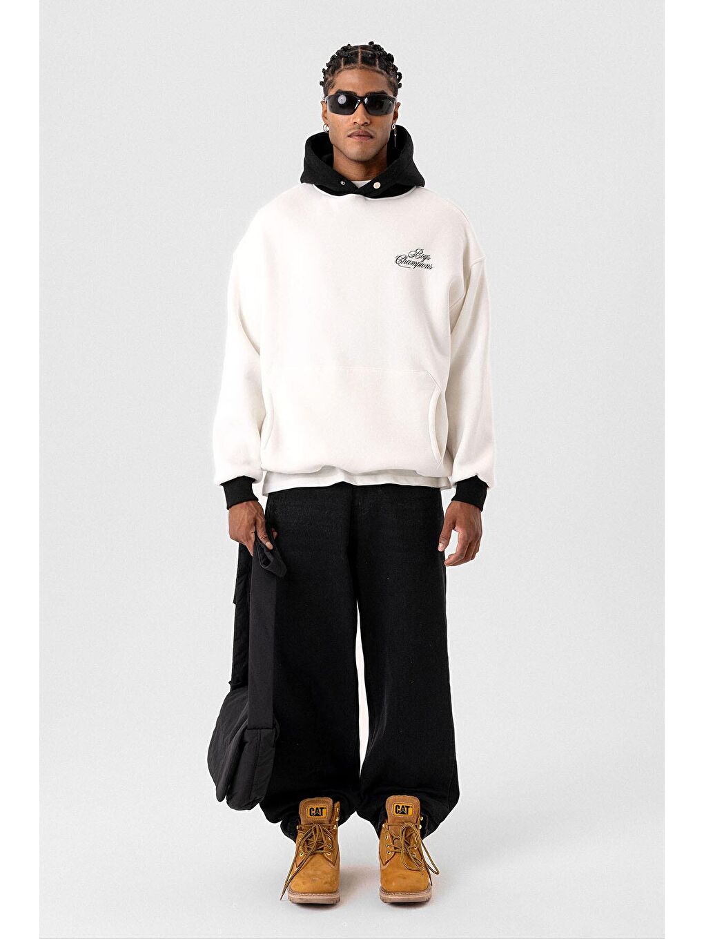 Yazı Detaylı Oversize Kapüşonlu Erkek Hoodie Ekru-5