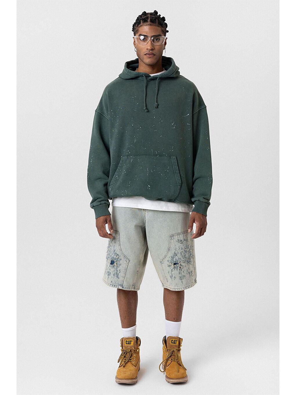 Yeşil Yıkamalı Kapüşonlu Oversize Erkek Hoodie Koyu Yesıl