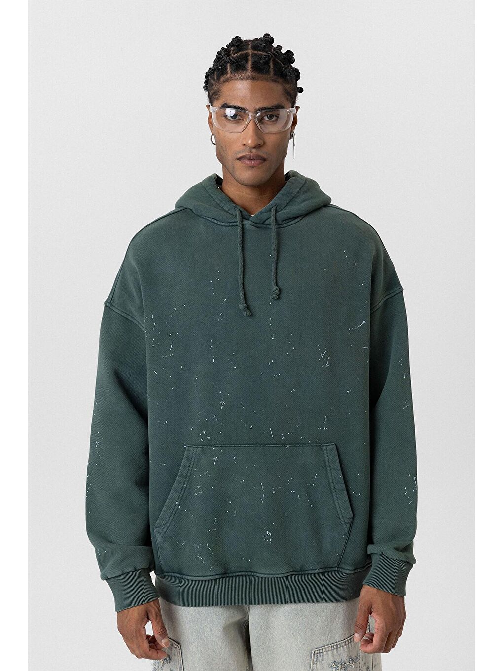 Yeşil Yıkamalı Kapüşonlu Oversize Erkek Hoodie Koyu Yesıl-1