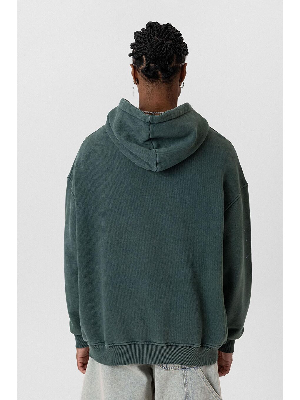 Yeşil Yıkamalı Kapüşonlu Oversize Erkek Hoodie Koyu Yesıl-2