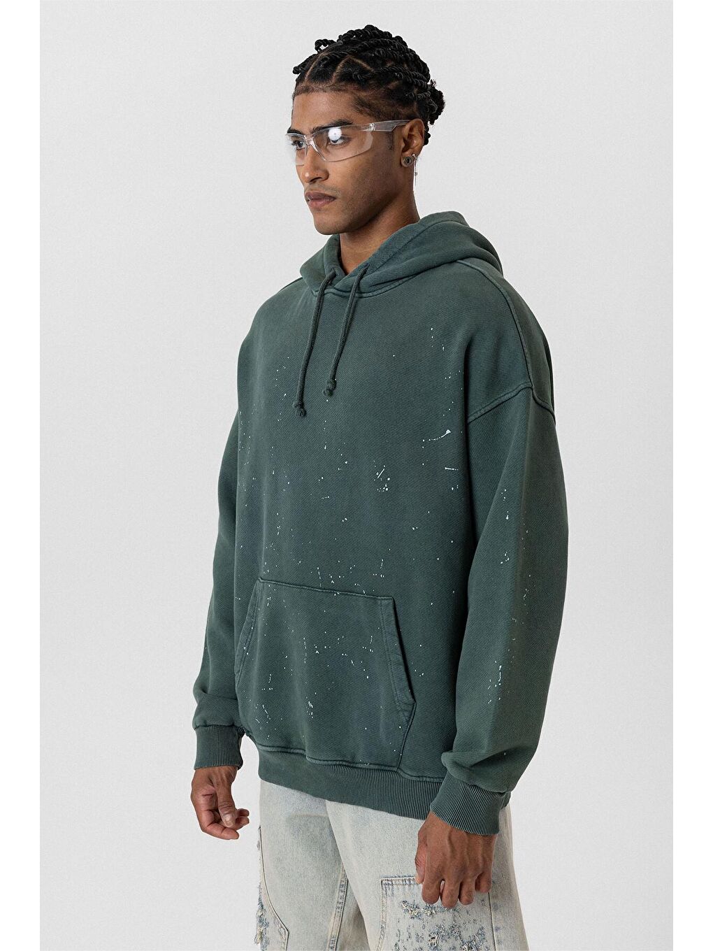 Yeşil Yıkamalı Kapüşonlu Oversize Erkek Hoodie Koyu Yesıl-4