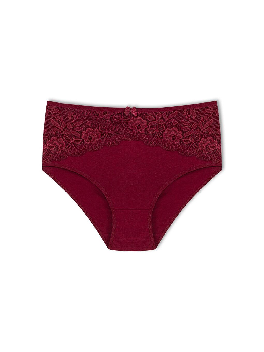 Bordo Pamuklu Önü Ters V Dantel Yüksek Bel Büyük Beden Kadın Külot