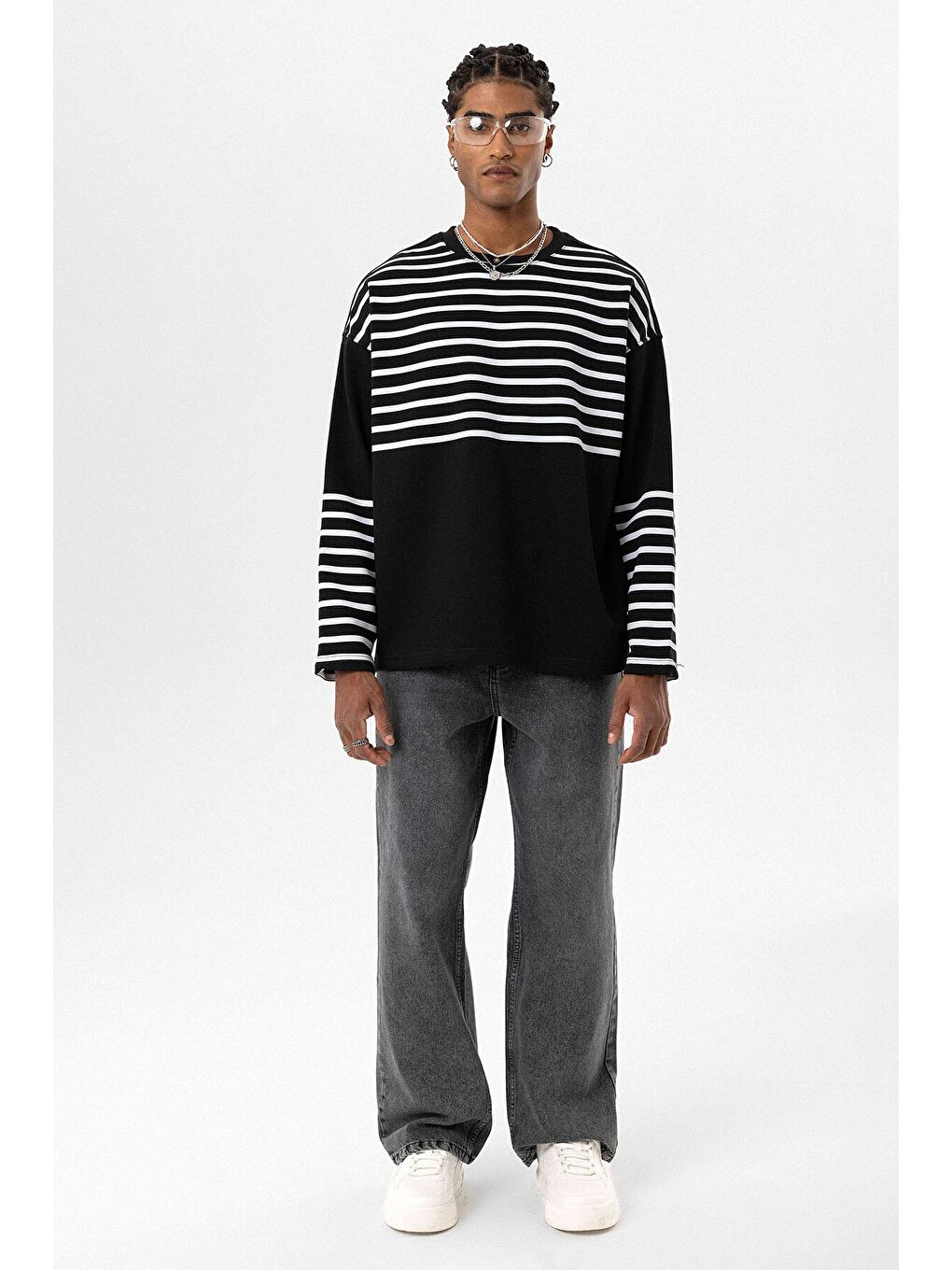 Çizgili Şerit Detaylı Oversize Sweatshirt Siyah