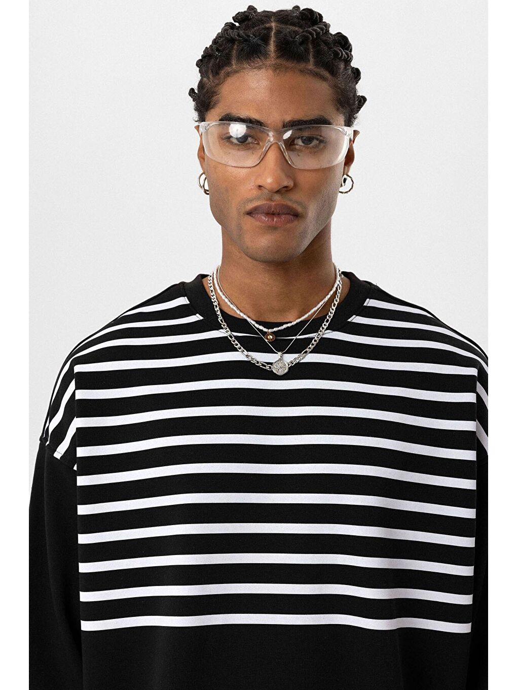 Çizgili Şerit Detaylı Oversize Sweatshirt Siyah-4