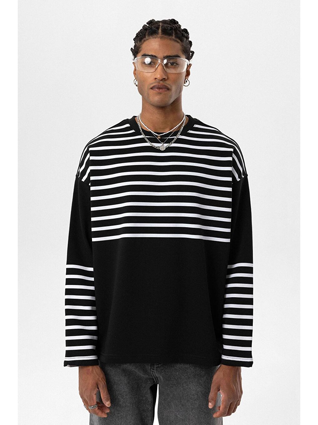 Çizgili Şerit Detaylı Oversize Sweatshirt Siyah-7