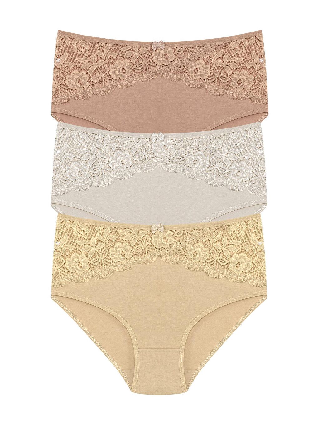 Ekru Pamuklu Önü Ters V Dantel Yüksek Bel Büyük Beden Kadın Külot 3'lü