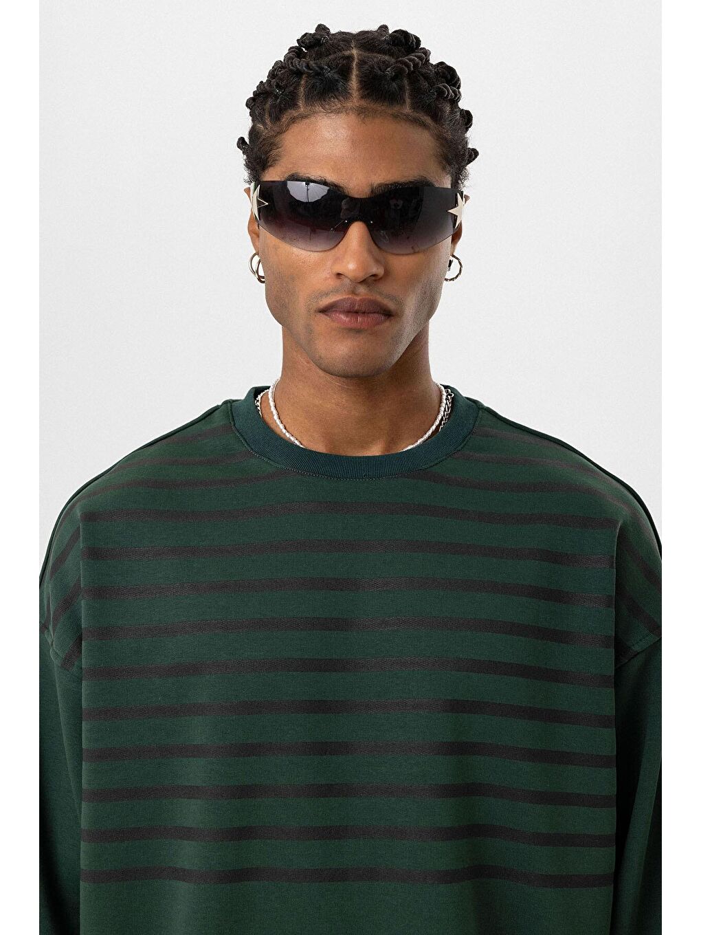 Yeşil Çizgili Şerit Detaylı Oversize Sweatshirt Nefti-3