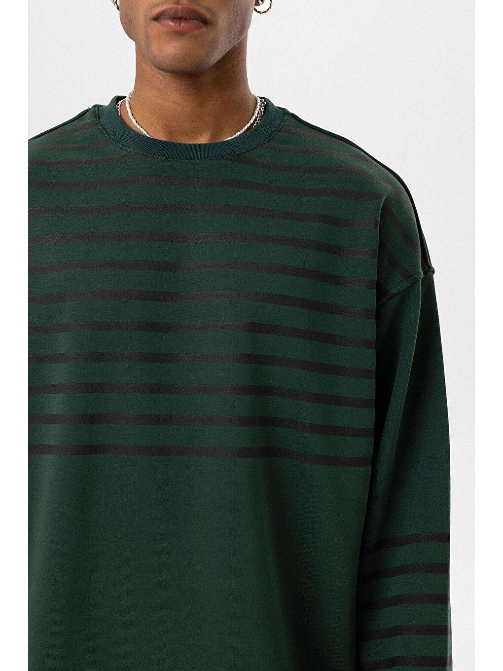 Yeşil Çizgili Şerit Detaylı Oversize Sweatshirt Nefti-4