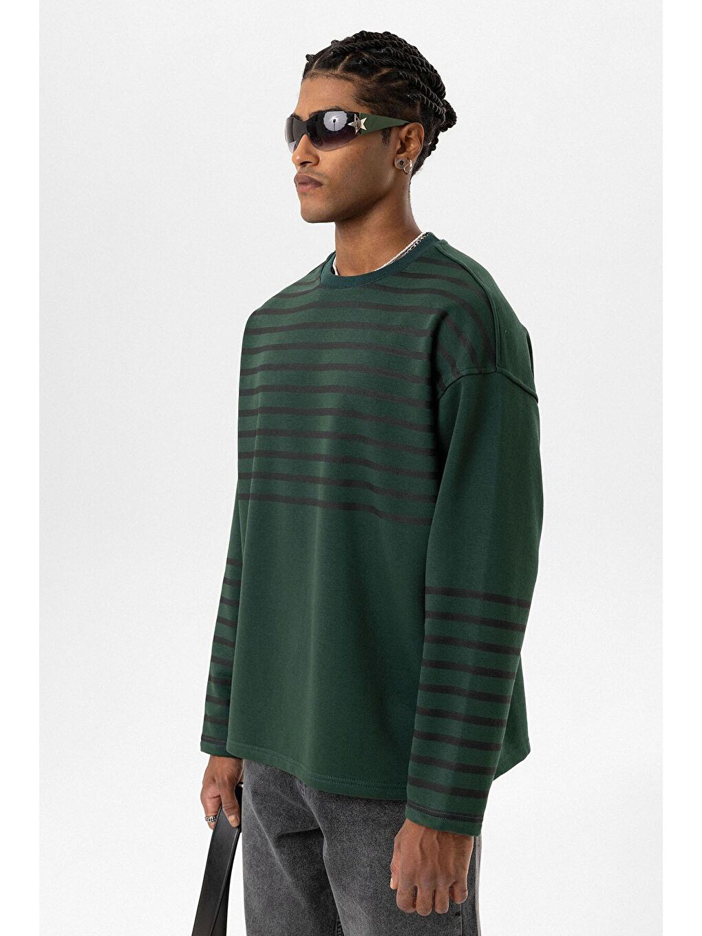 Yeşil Çizgili Şerit Detaylı Oversize Sweatshirt Nefti-7