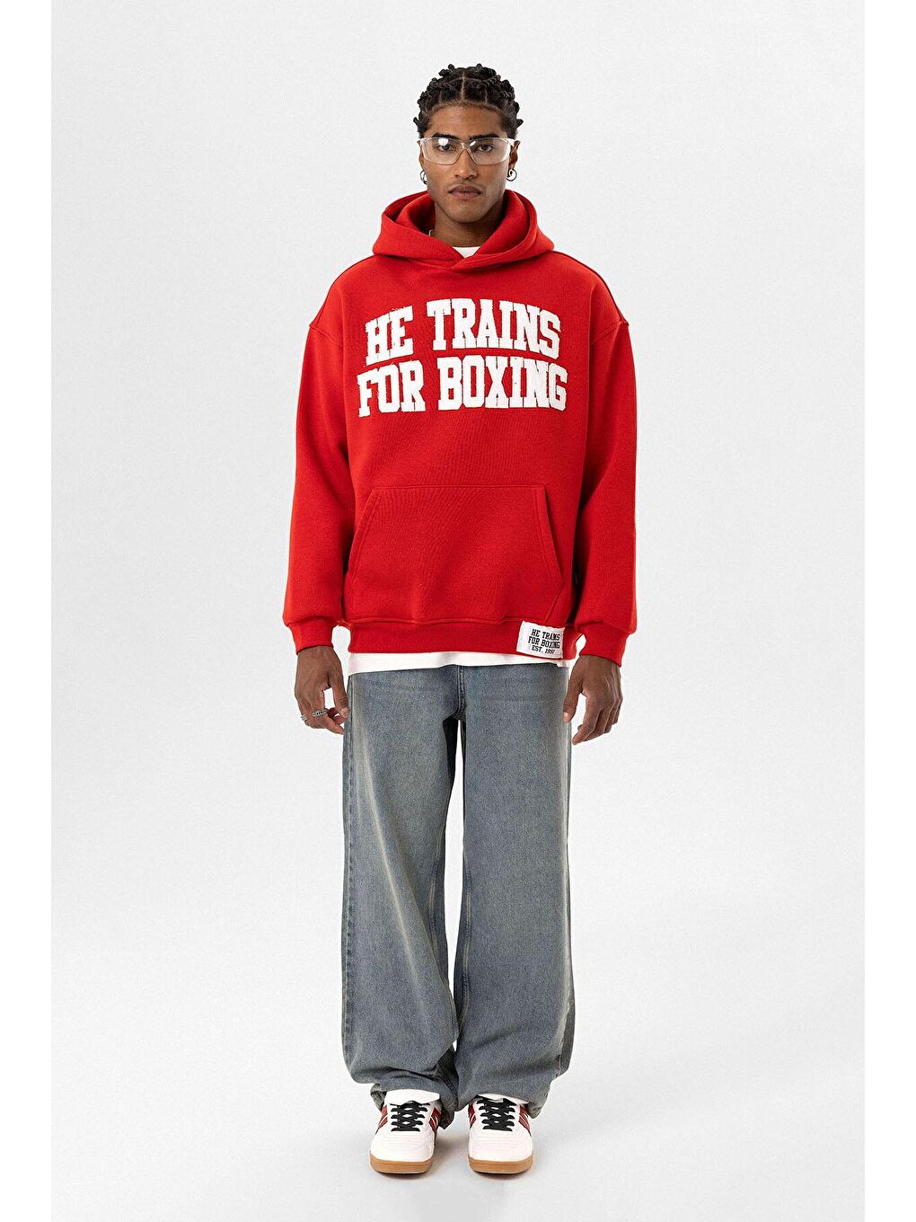 Yazı Baskılı Oversıze Kapüşonlu Erkek Hoodie Kırmızı