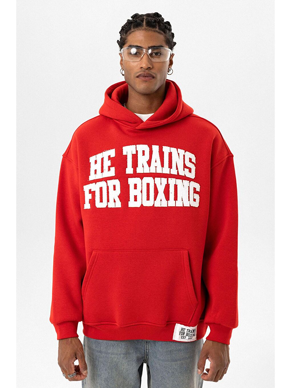 Yazı Baskılı Oversıze Kapüşonlu Erkek Hoodie Kırmızı-2