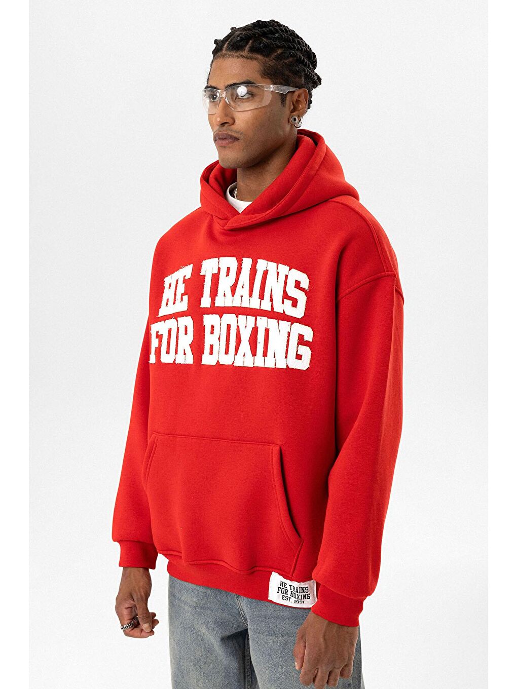 Yazı Baskılı Oversıze Kapüşonlu Erkek Hoodie Kırmızı-3