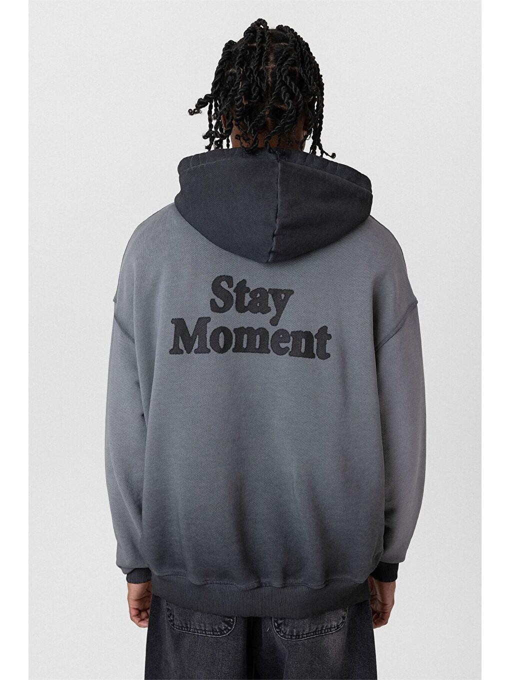 Yıkamalı Yazı Detaylı Oversize Kapüşonlu Erkek Hoodie Siyah-4