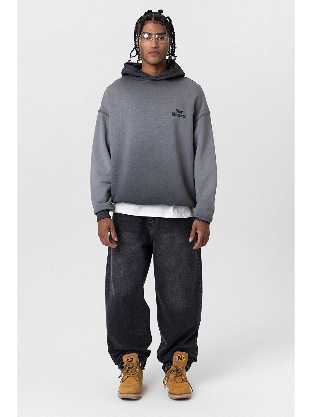 Yıkamalı Yazı Detaylı Oversize Kapüşonlu Erkek Hoodie Siyah-5