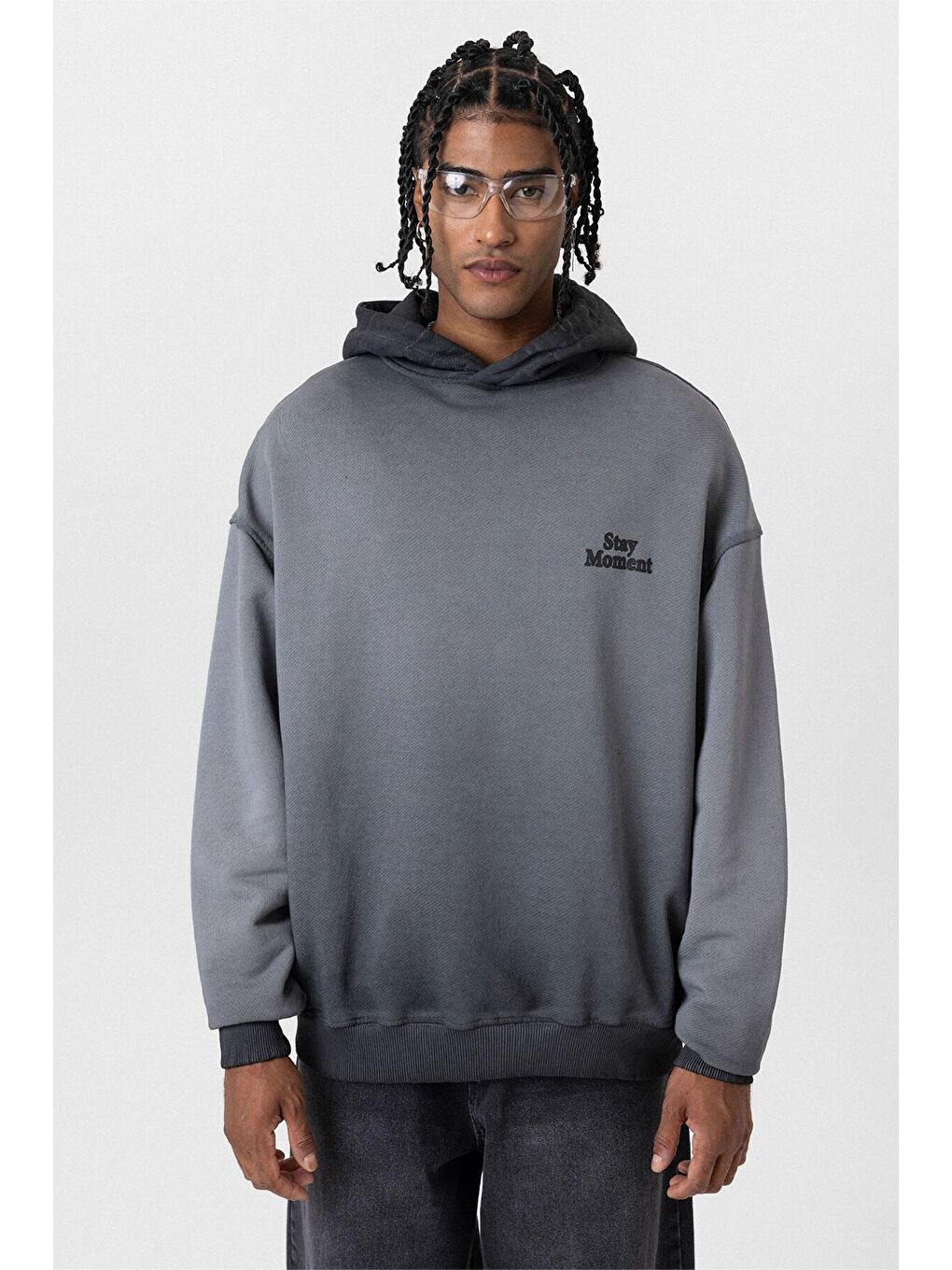 Yıkamalı Yazı Detaylı Oversize Kapüşonlu Erkek Hoodie Siyah-6