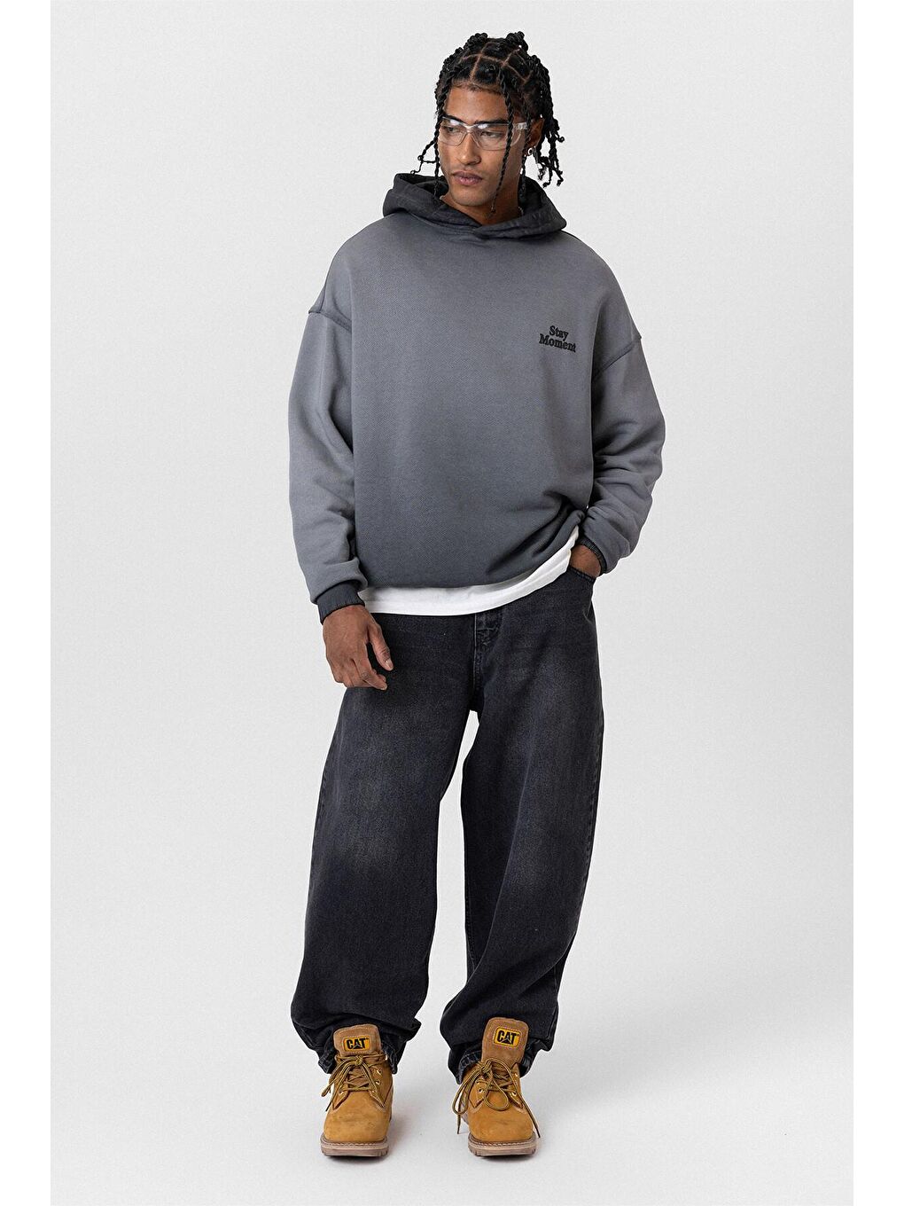 Yıkamalı Yazı Detaylı Oversize Kapüşonlu Erkek Hoodie Siyah-7