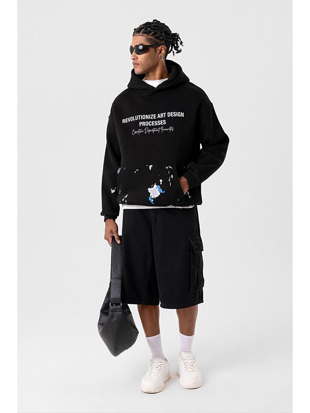 Renk Detaylı Oversize Kapüşonlu Sweatshirt Siyah-4